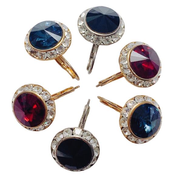 Vintage Lot of 3 Earrings Pairs Rivoli Rhinestone Leverback Mid Century Sparkly - Picture 3 of 16